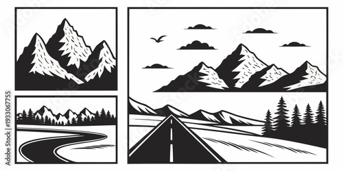 Four distinct landscapes showcasing mountains, rivers, and roads in a scenic collage. Vector