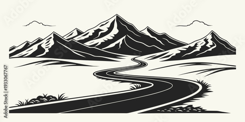 A winding road through a mountainous landscape with snow-capped peaks and dense forests. Vector
