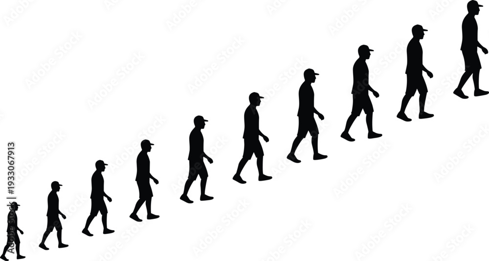 Obraz premium Black silhouette of a man in a cap walking uphill in a repetitive sequence increasing in size on a clean white background.