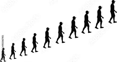 Black silhouette of a man in a cap walking uphill in a repetitive sequence increasing in size on a clean white background.