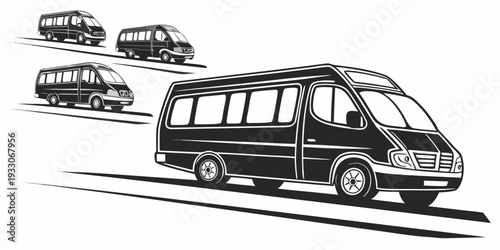 A row of vintage buses parked in a lot, showcasing their classic design and colors. Vector