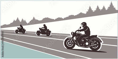 Three motorcyclists riding on a road surrounded by snow and mountains Vector