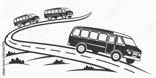 A group of buses traveling on a winding road through a mountainous landscape Vector