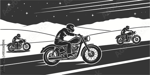 Three motorcyclists riding under a starry night sky, with one leading and the others following Vector