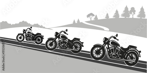 Three motorcyclists riding down a scenic mountain road with trees and snow in the background Vector