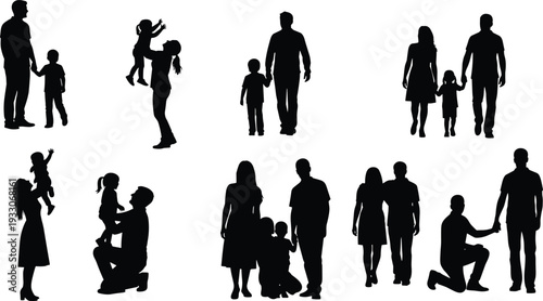Black silhouette collection of diverse happy family members including parents holding hands with children, mothers lifting toddlers, and fathers playing with young sons outdoors
