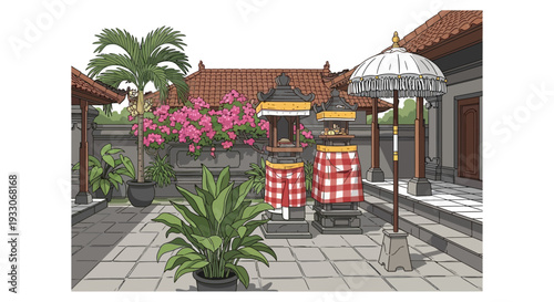 Balinese Temple Courtyard with Sacred Shrines