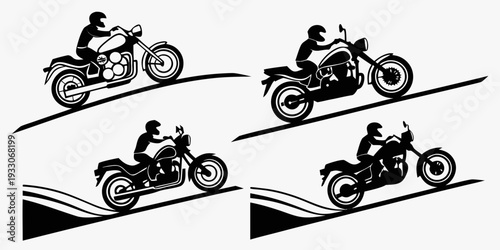 Four motorcyclists riding on a winding road with a guardrail Vector
