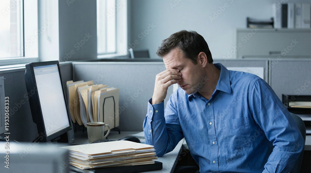 Naklejka premium Man looking tired at office cubicle and rubbing his forehead 