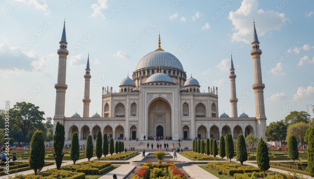 Fototapeta premium Stunning white mosque with large dome and minarets in beautiful garden