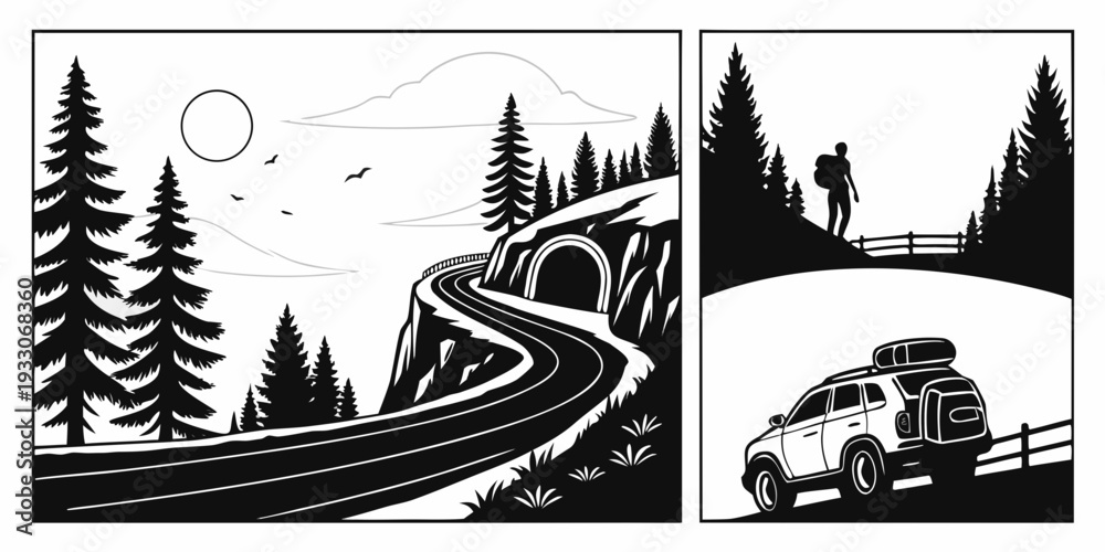 Fototapeta premium A winding road through a forest with a car and a truck in the distance. Vector