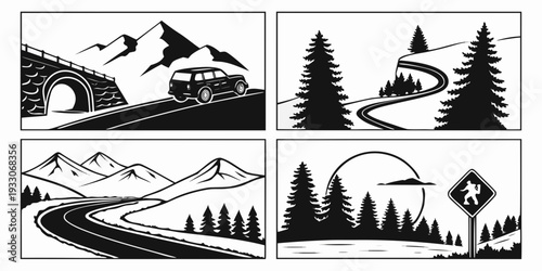 Four distinct black and white illustrations depicting various natural landscapes and activities Vector