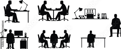 Black Silhouette Vector Set of Professional Office Employees Working at Desks Collaborating in Meetings and Sitting in Creative Workspace Environments for Business Design Projects