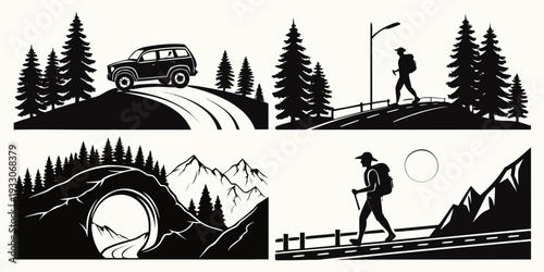 A group of people and animals journey through a barren, desolate landscape. Vector