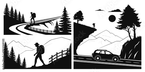 A scenic journey through the mountains with a mysterious moonlit encounter Vector