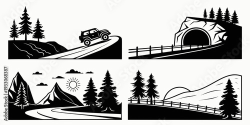 A collage of four distinct landscapes featuring various animals and terrains. Vector