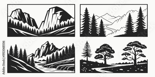 A picturesque collection of mountain landscapes and charming cabins in a serene forest. Vector