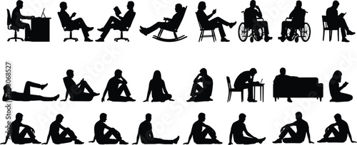 Black Silhouettes of People Sitting in Different Poses, Relaxing on Chairs, Using Laptops, Reading Books, and Resting in Wheelchairs Isolated on White Background
