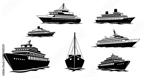 Collection of various black and white cruise ship illustrations, perfect for design.