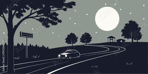 A car drives down a winding road under the light of a full moon Vector