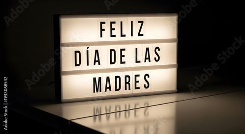 A sign reading 'Feliz Día de las Madres' sits on a reflective surface in darkness.