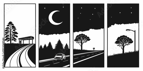 A serene nighttime journey through a forest with a full moon and a winding road Vector