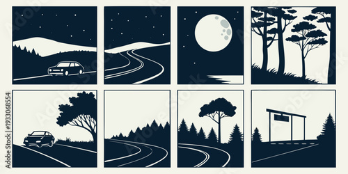 A collection of illustrations depicting various natural phenomena and landscapes Vector