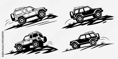 Four vintage cars racing on a winding road with dramatic motion lines Vector