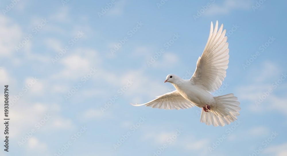 Obraz premium White Dove Flying Over Calm Blue Sky – Universal Symbol of Peace and Freedom Concept