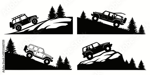 Four vehicles navigating through a challenging off-road terrain with steep inclines and declines Vector
