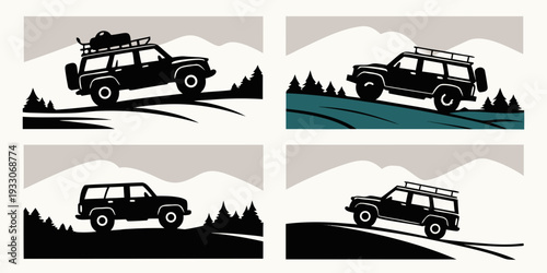 A series of trucks navigating through various terrains and water bodies Vector