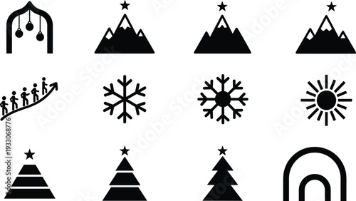 Black vector silhouette icon set featuring mountain peaks with stars, snowflakes, sun, Christmas trees, rising arrow with people, and decorative archways for winter holiday design.