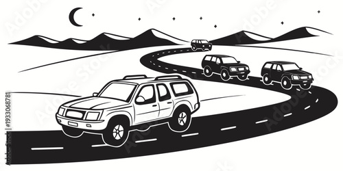 Cars driving on a winding mountain road under a full moon Vector