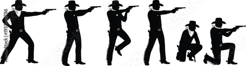 Cowboy Silhouettes Set in Various Action Poses Including Standing Aiming Crouching and Kneeling with Revolver Handguns Isolated on White Background for Western Design