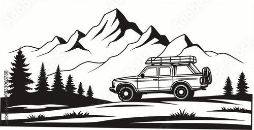 A serene landscape featuring a mountain range with a small cabin nestled in the woods Vector