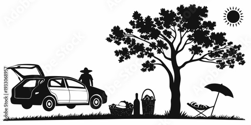 A peaceful scene of a family enjoying a picnic under a large tree. Vector