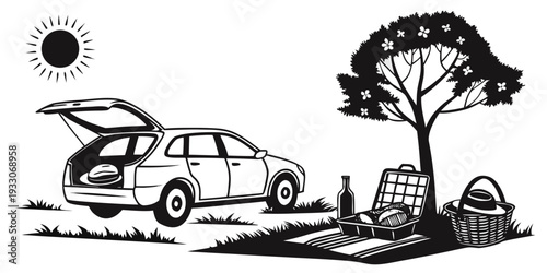 A vintage car parked under a tree with a person and a dog nearby. Vector