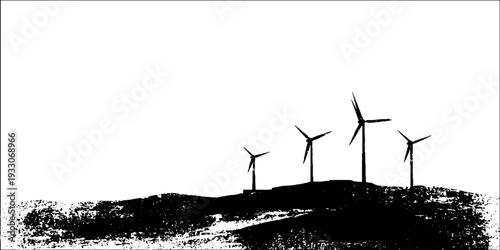 Abstract stencil style wind generator blades on hillside - high contrast design for eco-friendly energy theme