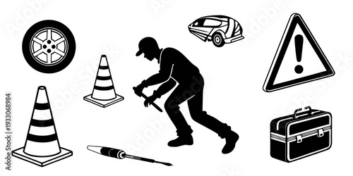 A collection of icons representing road hazards and safety precautions. Vector