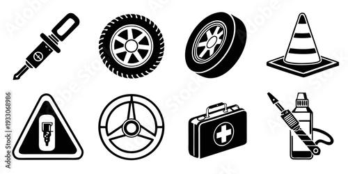 Assorted road safety symbols and equipment icons in black and white Vector
