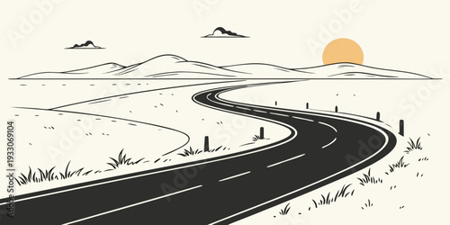 A winding road leading to a distant sunset with a small town in the distance Vector