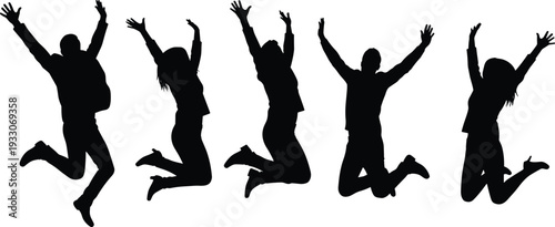 Silhouettes of diverse happy business people jumping in air together celebrating success victory and freedom isolated on white background for corporate achievement concept