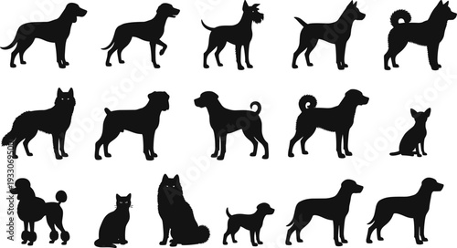 Vector collection of domestic pet silhouettes featuring various dog breeds and cats in standing and sitting poses isolated on white for commercial graphic design projects.