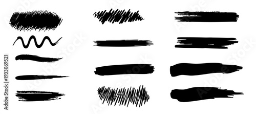 Black brush stroke collection with hand drawn ink lines and scribble marks, vector design elements isolated on transparent background. Great for design accents, underline effects, text highlights.