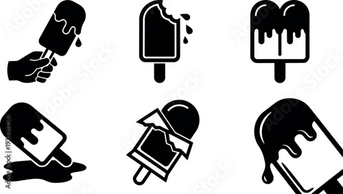 Flat design melting popsicle icon set showing bitten dripping ice cream on stick held and fallen perspectives closeup low angle