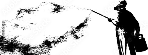 High contrast stencil art of window cleaner in action with spray fan for design