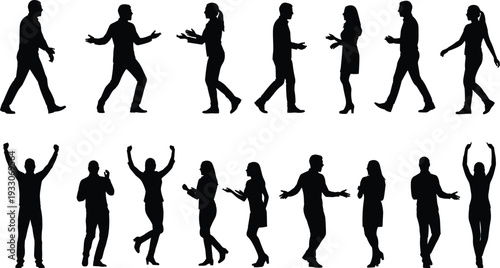 Expressive people silhouettes vector set, men women celebrating discussing walking emotional gesture poses