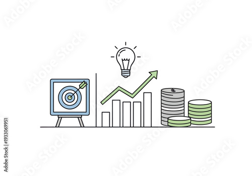 Conceptual business growth strategy with target achievement light bulb idea and financial coins stacking up on simplified bar chart elements