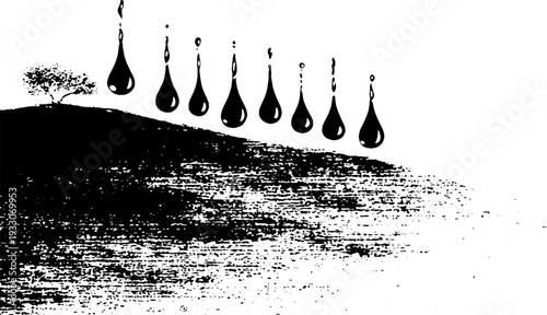 Abstract landscape with raindrop trails in high contrast stencil style for creative design