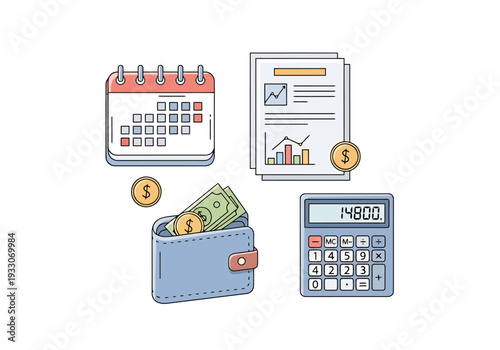 Financial planning concept with wallet full of cash coins documents and calculator on white background for business and investment planning